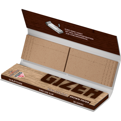 Gizeh Braun King Size Slim + Tips – 34 Blättchen + 34 Tips – Box mit 26 Heftchen