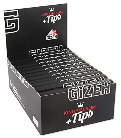 Gizeh Schwarz King Size Slim + Tips – 34 Blättchen + 34 Tips – Box mit 26 Heftchen